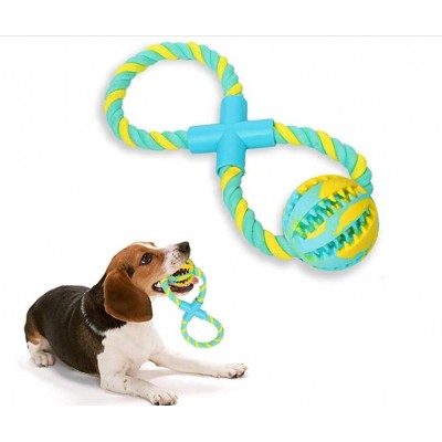 None toxic natural rubber ball cotton rope pet dog tug toy and food dispenser teeth cleaning